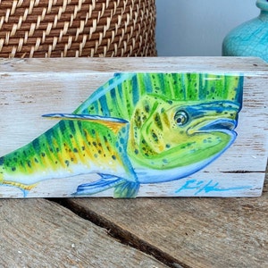 Mahi Mahi Fish Art Wood Shelf Decor Resin Fish Print Fishing Enthusiast Home Decor Nautical Wood Art Coastal House Decor Fish Vintage Print