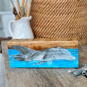 Dolphin art print on cypress wood block w resing top coat. Coastal self decor. Small beach house art. Dolphin and baby painting on wood.