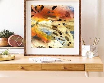 Modern botanical watercolor leaf print abstract decor. Contemporary leaf painting in rust, black and cream. Nature art for home or office