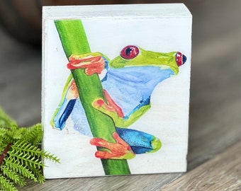 Tree Frog Watercolor Print on Wood Shelf Animal Art for Kids Room Rain Forest Decor Tree Frog Mantel Art Nursery Frog Art Frog Lover Gift