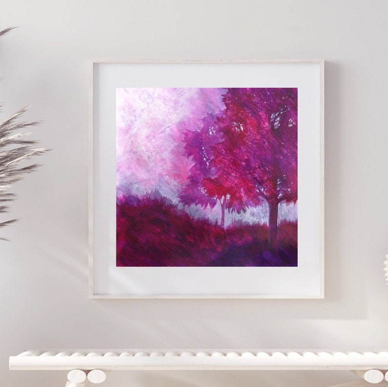 Tree Art Print. Modern Purple Tree Wall Art. Contemporary Botanical Art Print. Tree & Field Painting. Abstract Landscape. Nature lover gift image 1