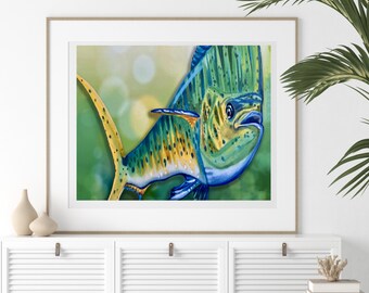 Mahi Wall Decor, Colorful Mahi Mahi Watercolor Art Print, Coastal Art Decor, Beach House Art, Fisherman Gift, Dad Gift, Marine Animal Art