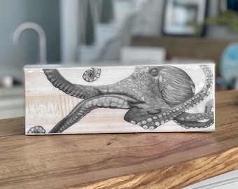 Octopus Art Decor Octopus Sign Black White Beach Octopus Resin Art Wood Octopus Painting Octopus Print Octopus Shelf Octopus Bathroom Decor