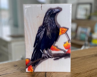 Crow painting on reclaimed wood block with clear resin too coat. Crow art print on wood for farmhouse shelf decor. Bird lover gifts.