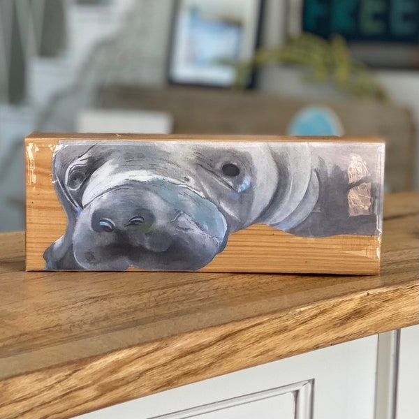 Manatee Art Print on Wood Manatee Painting Wood Manatee Shelf Decor Coastal Art Decor Beach Home Decoration Gift for Beach Lover Manatee Art