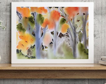 Tree watercolor print of autumn forrest. Bright orange & green contemporary nature painting. Abstract landscape art. Gift for nature lover.