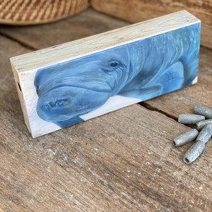 Manatee Art Print on Wood, Small Coastal Shelf Art, Manatee Painting for Shelf, Beach Lover Gift, Manatee Beach Decor, Modern Coastal Decor image 2