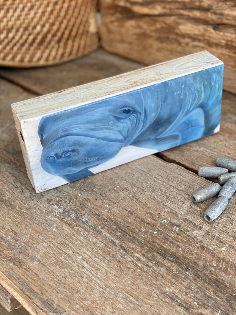 Manatee Art Print on Wood, Small Coastal Shelf Art, Manatee Painting for Shelf, Beach Lover Gift, Manatee Beach Decor, Modern Coastal Decor image 2