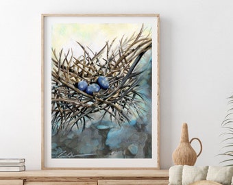 Birds nest watercolor print for wall. Modern birds nest art. Blue bird wall art. Bird egg painting. Gift for bird lover. Abstract bird art.