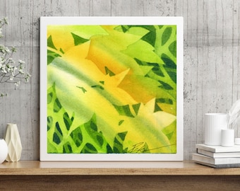 Acuarela de hojas modernas en azul, verde y amarillo. Impresión de arte natural de colores brillantes. Arte contemporáneo de la naturaleza. Arte abstracto de hojas coloridas.