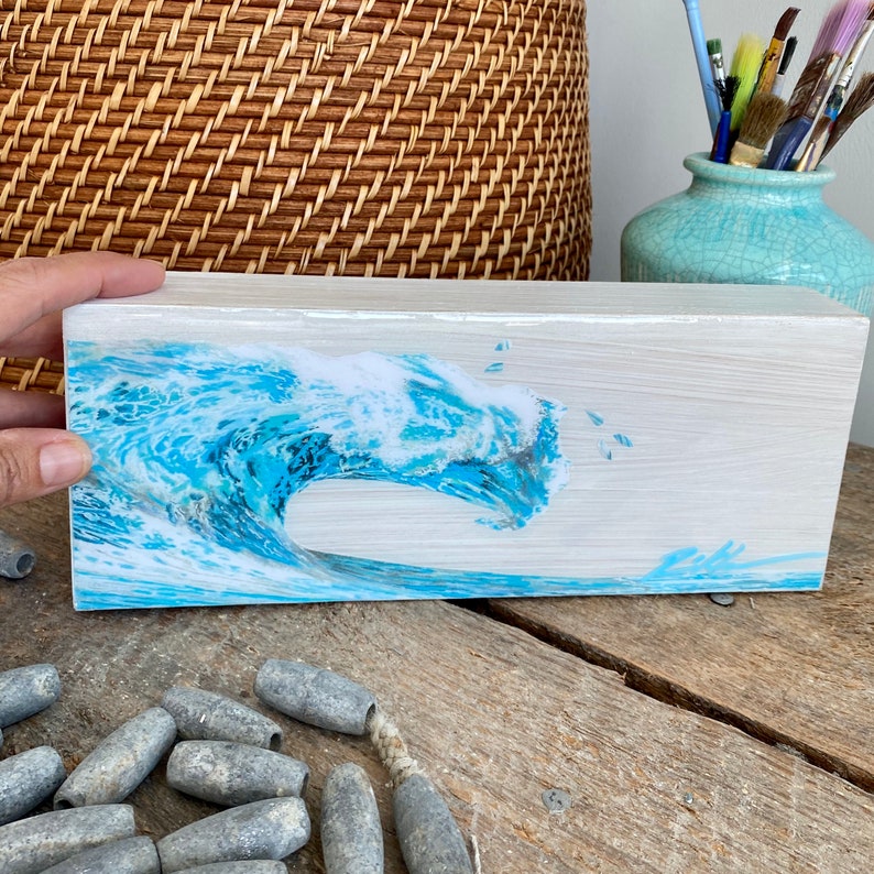 Watercolor Ocean Wave Art, Resin Ocean Art, Coastal Shelf Art, Beach Lover Gift, Beach Shelf Art, Small Coastal Art, Mantel Art, Resin Art image 3