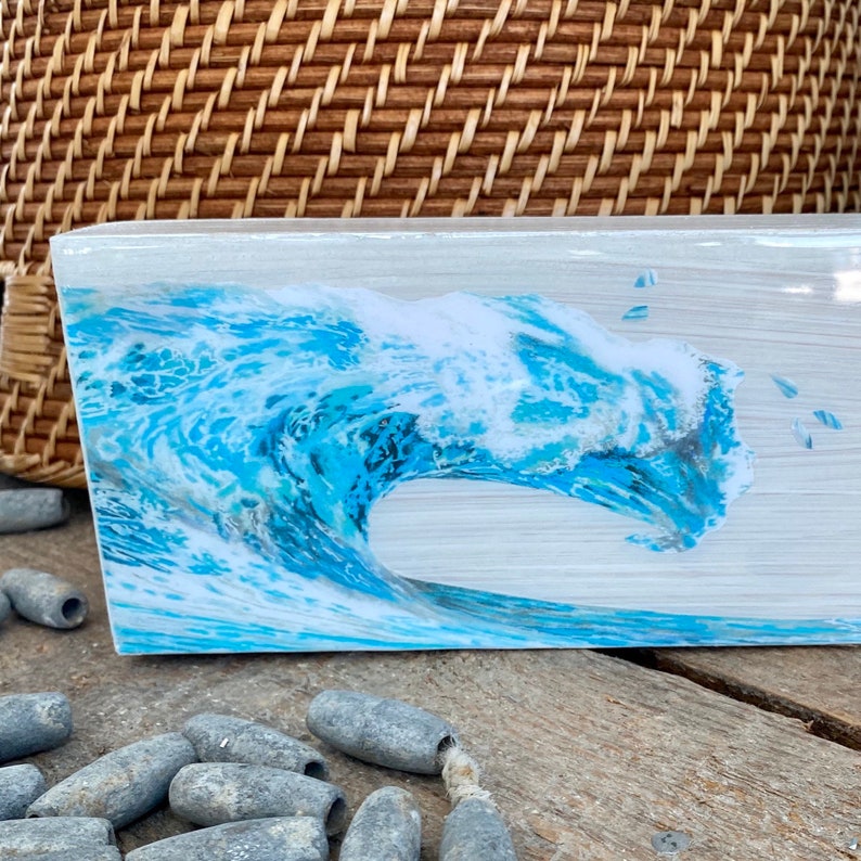 Watercolor Ocean Wave Art, Resin Ocean Art, Coastal Shelf Art, Beach Lover Gift, Beach Shelf Art, Small Coastal Art, Mantel Art, Resin Art image 2