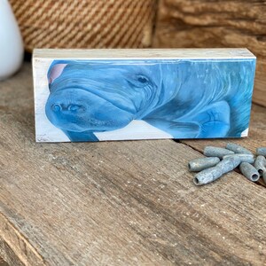 Manatee Art Print on Wood, Small Coastal Shelf Art, Manatee Painting for Shelf, Beach Lover Gift, Manatee Beach Decor, Modern Coastal Decor image 6