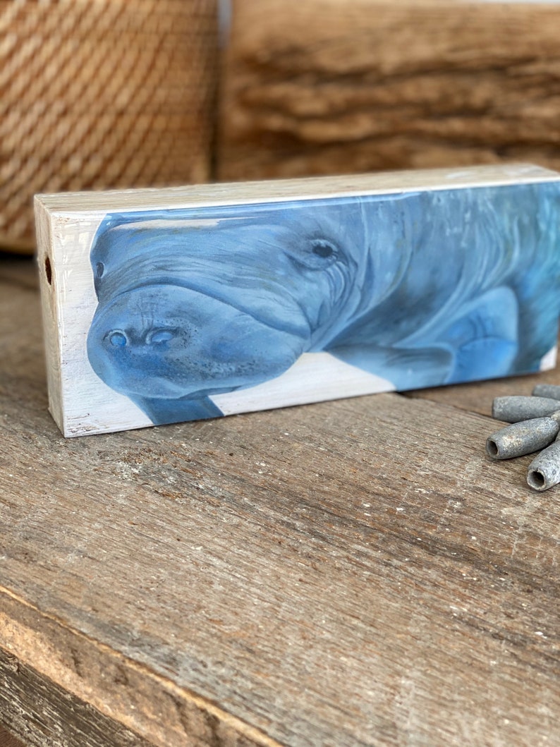 Manatee Art Print on Wood, Small Coastal Shelf Art, Manatee Painting for Shelf, Beach Lover Gift, Manatee Beach Decor, Modern Coastal Decor image 4