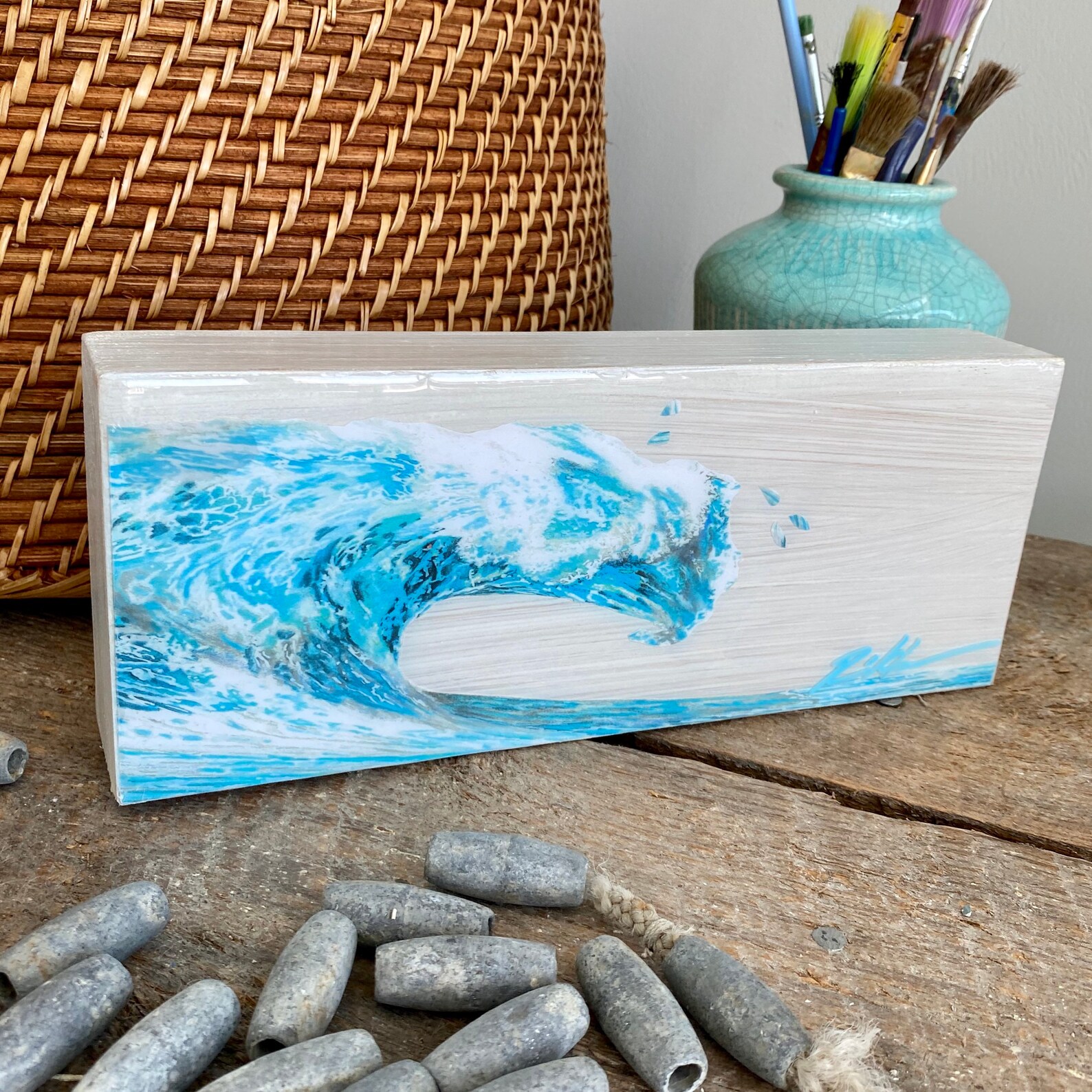 Watercolor Ocean Wave Artwork Ocean Art on Wood Slice Art on Etsy