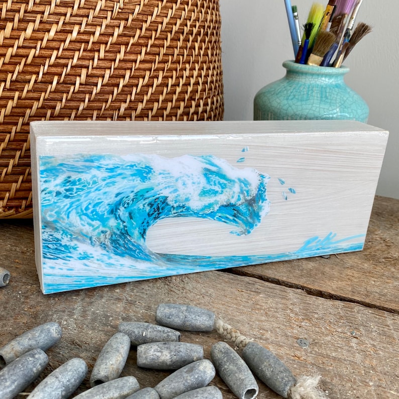 Watercolor Ocean Wave Art, Resin Ocean Art, Coastal Shelf Art, Beach Lover Gift, Beach Shelf Art, Small Coastal Art, Mantel Art, Resin Art image 5