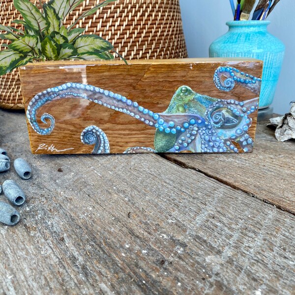 Octopus painting wood w resin top coat. Octopus watercolor shelf art. Beach house decor. Coastal kraken paintings. Gift for beach lover.