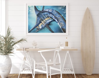 Marlin Art Print, Realistic Marlin Painting, Beach House Wall Art, Coastal Decor, Marlin Fish Wall Art, Gift for Fisherman, Boys Room Decor