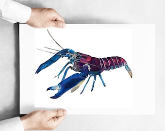 Lobster art print, Realistic colorful lobster painting. Modern beach house decor. Lobster wall art. Gift for fisherman. Seaside wall decor.