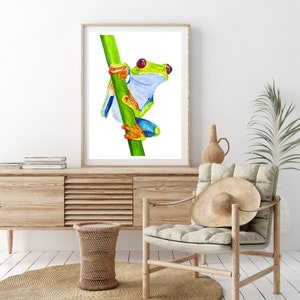 Tree Frog Watercolor Print on Wood Shelf Animal Art for Kids Room Rain Forest Decor Tree Frog Mantel Art Nursery Frog Art Frog Lover Gift 画像 7