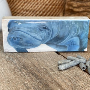 Manatee Art Print on Wood, Small Coastal Shelf Art, Manatee Painting for Shelf, Beach Lover Gift, Manatee Beach Decor, Modern Coastal Decor image 1