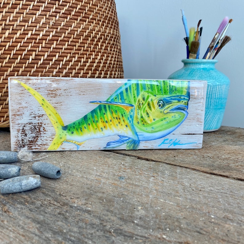 Mahi Mahi Fish Art Wood Shelf Decor Resin Fish Print Fishing Enthusiast Home Decor Nautical Wood Art Coastal House Decor Fish Vintage Print