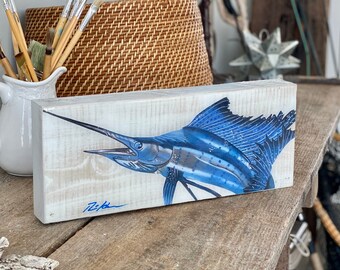 Sailfish realistic painting on wood w/ resin top coat.  Small beach shelf decor stand on its own. Sailfish Coastal Decor. Fisherman gifts.
