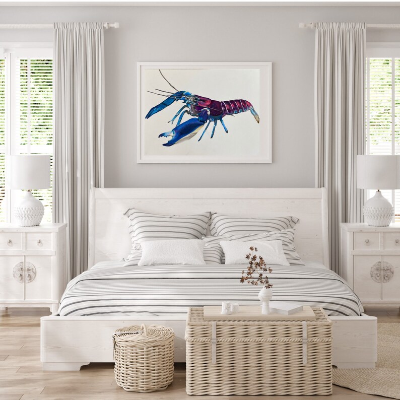 Impresión de arte de langosta, pintura de langosta colorida realista. Decoración moderna de una casa de playa. Arte de pared de langosta. Regalo para pescador. Decoración de pared junto al mar. imagen 3