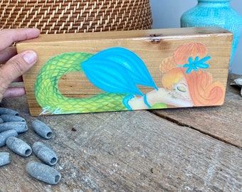 Mermaid Art on Wood w/ Resin Top Coat. Mermaid Watercolor Print. Colorful Coastal Shelf Decor. Girls Room Mermaid Decor. Mermaid Gifts
