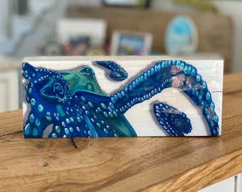 Octopus art print on wood, Octopus resin art, Coastal art decor, Beach shelf art, Octopus gifts, Beach lover gifts, small beach art