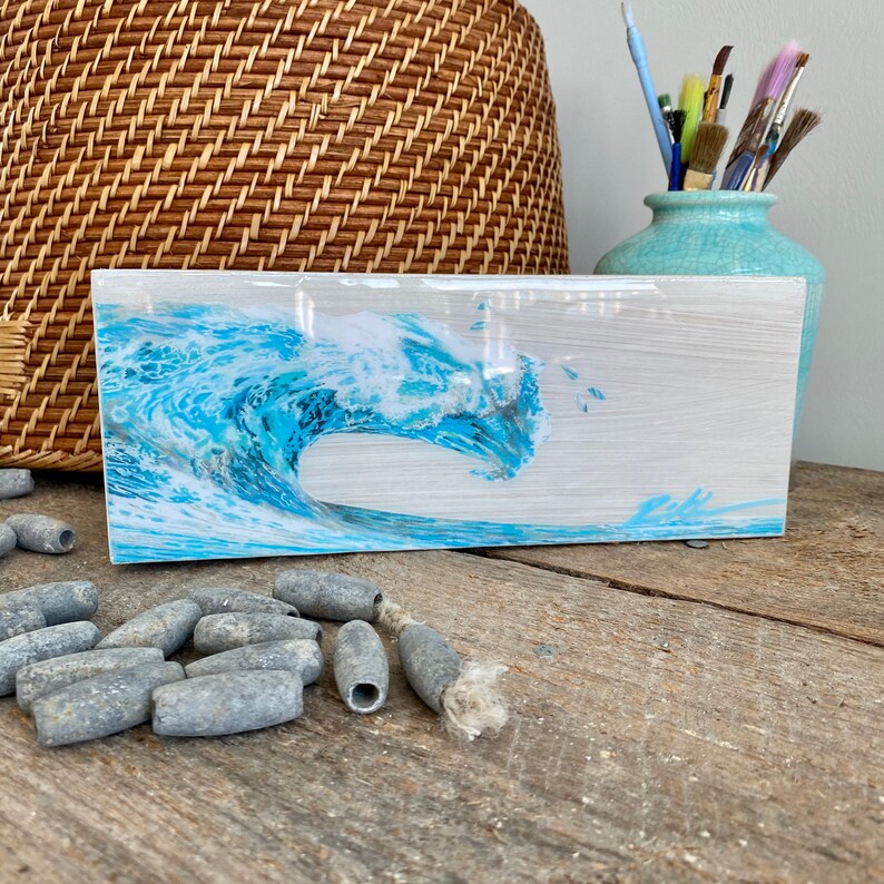Watercolor Ocean Wave Art, Resin Ocean Art, Coastal Shelf Art, Beach Lover Gift, Beach Shelf Art, Small Coastal Art, Mantel Art, Resin Art image 1