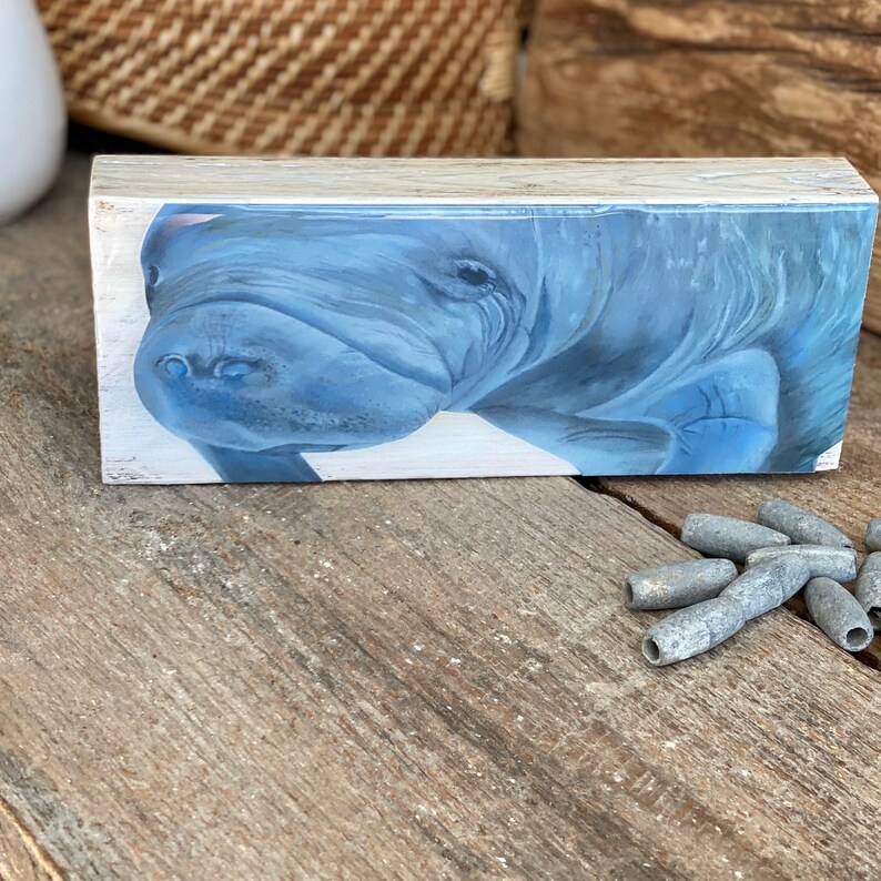 Manatee Art Print on Wood, Small Coastal Shelf Art, Manatee Painting for Shelf, Beach Lover Gift, Manatee Beach Decor, Modern Coastal Decor image 5