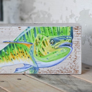 Mahi Mahi Fish Art Wood Shelf Decor Resin Fish Print Fishing Enthusiast Home Decor Nautical Wood Art Coastal House Decor Fish Vintage Print