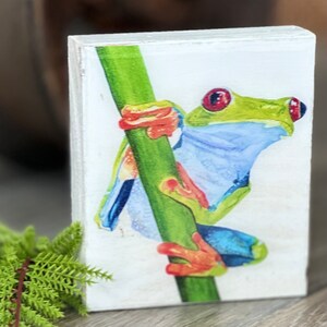 Tree Frog Watercolor Print on Wood Shelf Animal Art for Kids Room Rain Forest Decor Tree Frog Mantel Art Nursery Frog Art Frog Lover Gift 画像 3