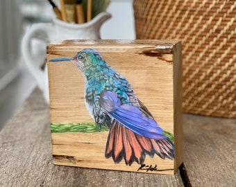 Realistic hummingbird print on wood, Hummingbird paintings, Modern Farmhouse Shelf Art Decor, Bird painting on wood, Small Bird Art
