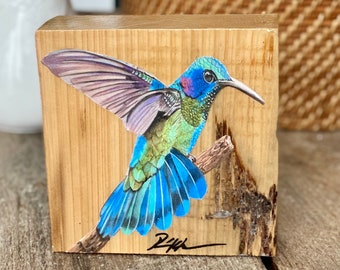 Hummingbird Painting On Wood Hummingbird Shelf Art Farmhouse Mantel Decor Gift for Birder Hummingbird Watercolor Baby Nursery Decor