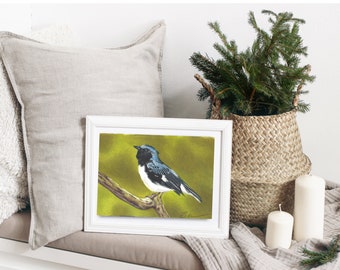 Blue Warbler Art Print. Realistic blue bird wall print for farmhouse decor. Realistic blue warbler on a tree branch print. Bird kitchen art.