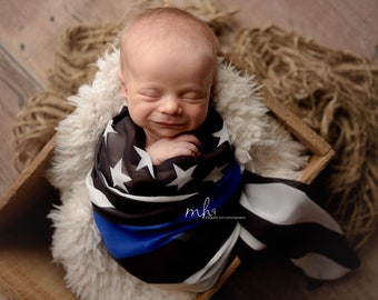 thin blue line scarf, thin red line scarf, thin blue line baby wrap, back the blue, thin blue line flag, police newborn prop, flag wrap