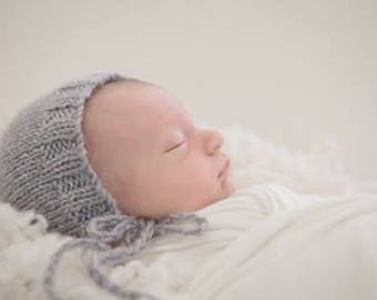 Gray Newborn Hat, Grey Newborn Bonnet, Gray Knit Bonnet, Knit Newborn Boy Hat, Newborn Photo Prop, Mohair Newborn Hat, Grey Baby Hat