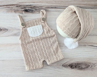 newborn romper, newborn overalls, beige newborn outfit, newborn photo prop, baby photography outfit, sleepy hat newborn set