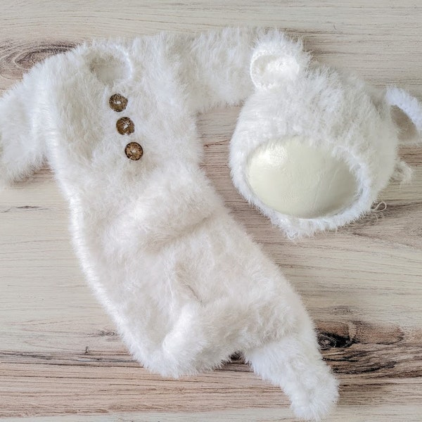 WHITE or BROWN - Fuzzy Newborn Bear Outfit, Footed Newborn Romper, Newborn Bear Romper, Newborn Bear Outfit, Newborn Boy Photo Prop Set