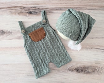 newborn romper, newborn overalls, sage green newborn outfit, newborn photo prop, baby photography outfit, sleepy hat newborn set