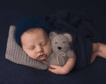 Navy Blue Angora Newborn Hat, Blue Knit Newborn Hat, Blue Angora Newborn Bonnet, Great Baby Photography Prop Hat