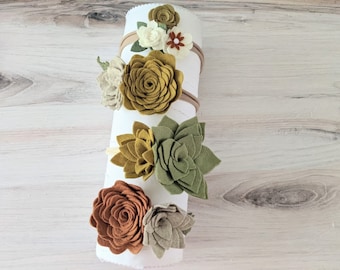 succulent flower headband, succulent headband, olive green headband, mustard yellow headband, fall headband, felt flower baby headband