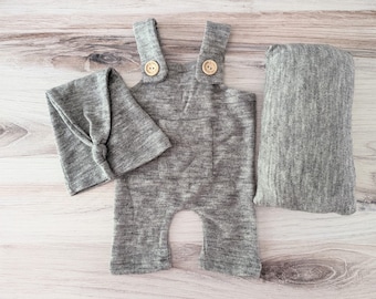 gray newborn romper, gray newborn overalls, heather gray newborn romper, newborn boy prop, gray baby boy romper, gray newborn outfit