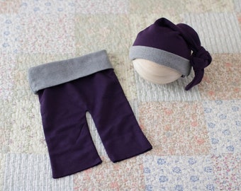 newborn pants and sleepy hat, newborn girl props, purple newborn pants, purple sleepy hat, purple and grey outfit, fall newborn props