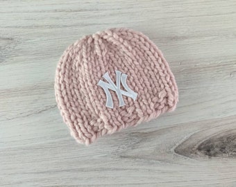 NY Yankees Newborn Hat, Pink Newborn Yankees Beanie, Knit NY Yankees Baby Girl Hat, Great Photography Prop