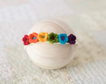 rainbow headband, rainbow baby headband, rainbow baby prop, felt flower rainbow headband, rainbow prop, felt rainbow, sunshine baby prop