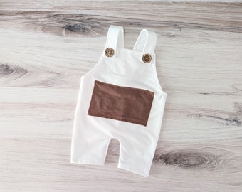 Newborn Overalls, Newborn Romper, White Newborn Overalls, White Newborn Romper, Newborn Photo Prop, Newborn Boy Prop, White and Brown Romper