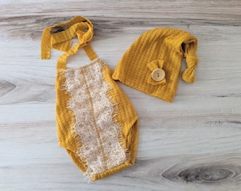 golden yellow newborn romper, newborn girl romper, mustard newborn romper, newborn girl prop, gold newborn romper, lace newborn romper